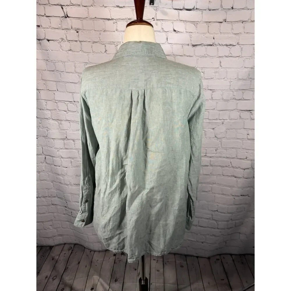 Land’s End Size Large Green Linen Long Sleeve Button Down Shirt Roll Tab - Picture 6 of 7